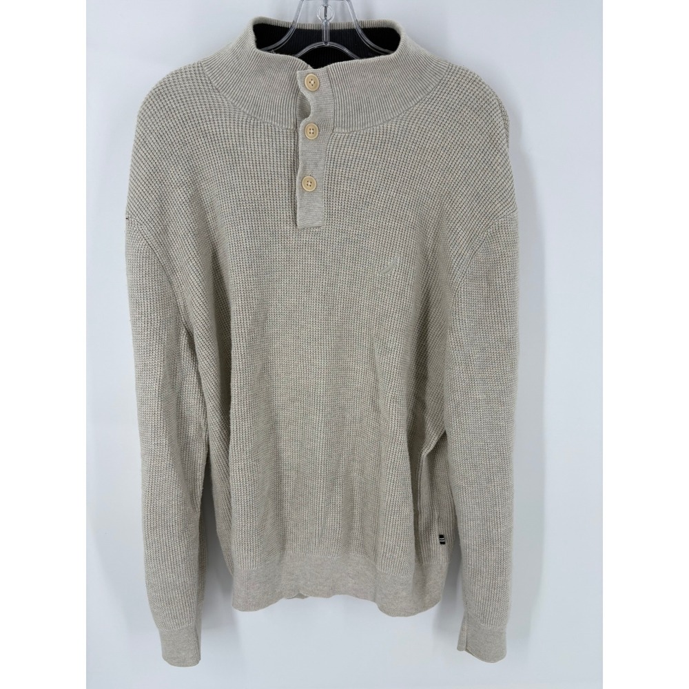 Nautica Mens Beige Waffle Knit Mock Neck Button Up Sweater XL